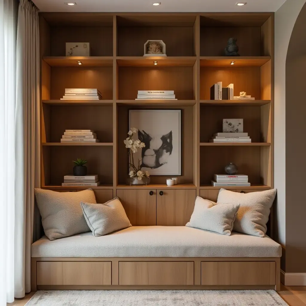 a photo of a cozy alcove with built-in shelves and plush seating for reading