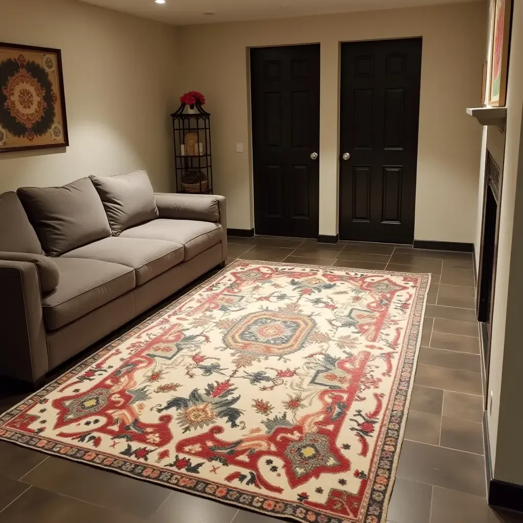 a photo of a unique, handmade rug in a personalized basement space