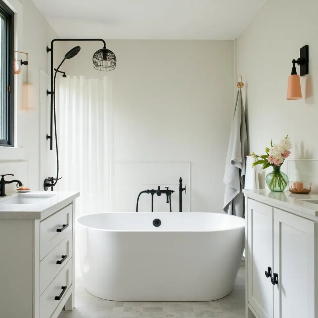 a photo of a bathroom with a vintage-style showerhead and modern finishes