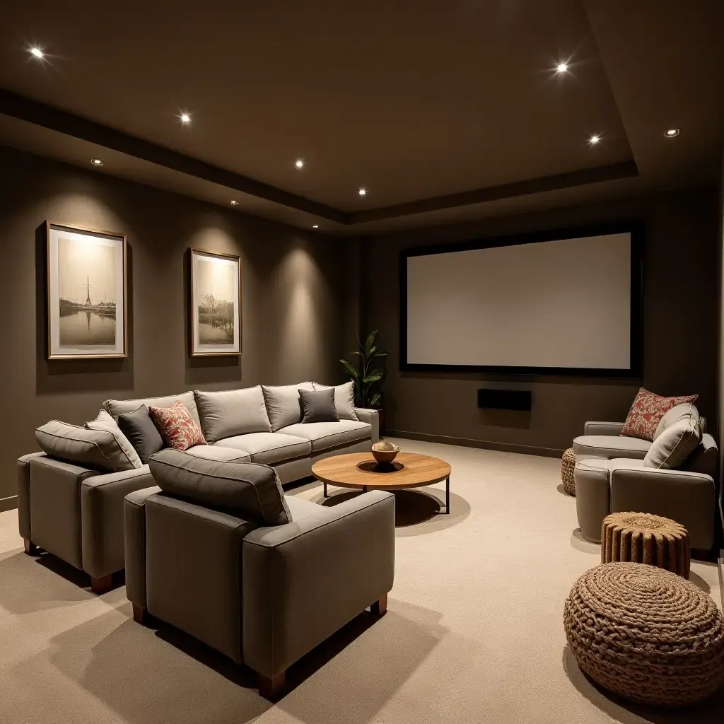 a photo of a basement movie room with farmhouse decor and plush seating