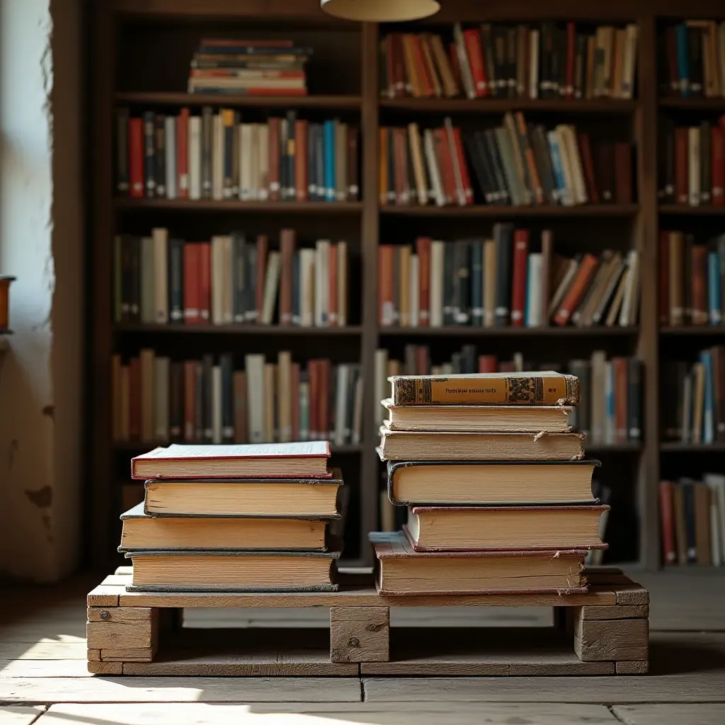 a photo of books arranged on distressed wooden pallets in a library