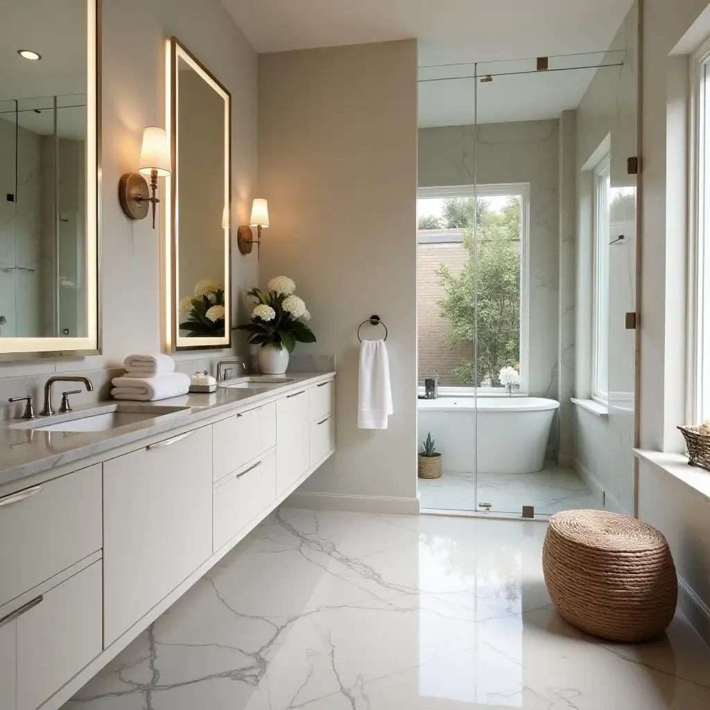 a photo of a chic bathroom with marble countertops and stylish accessories