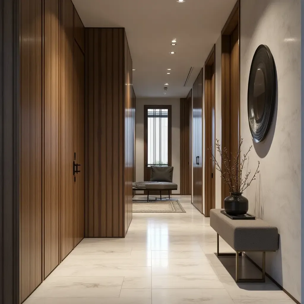 a photo of a hallway with a combination of metal and wood decor