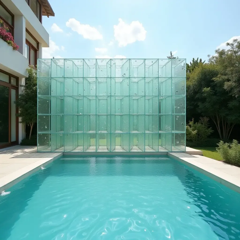 a photo of an artistic glass wall installation near the pool