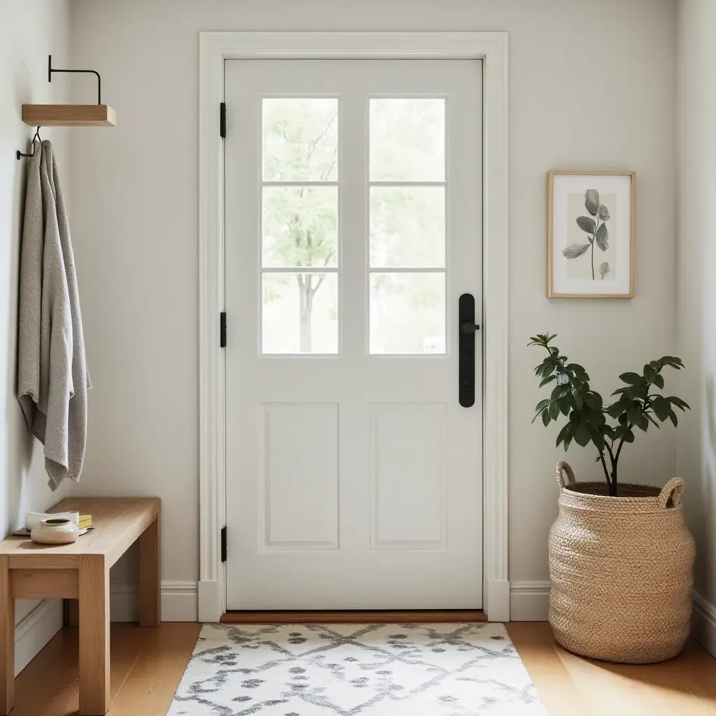 a photo of a cozy entrance featuring a decorative storage basket