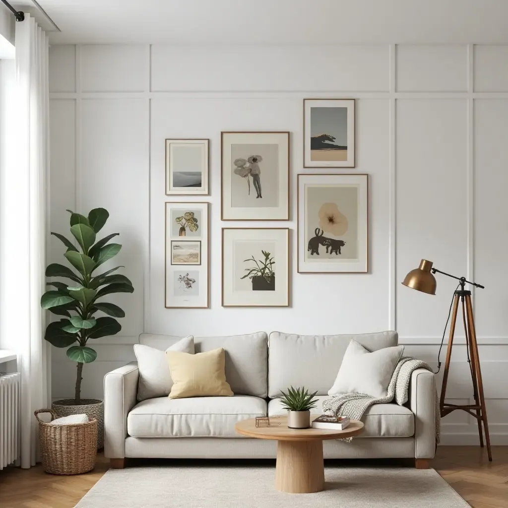 a photo of a small living room featuring a gallery wall