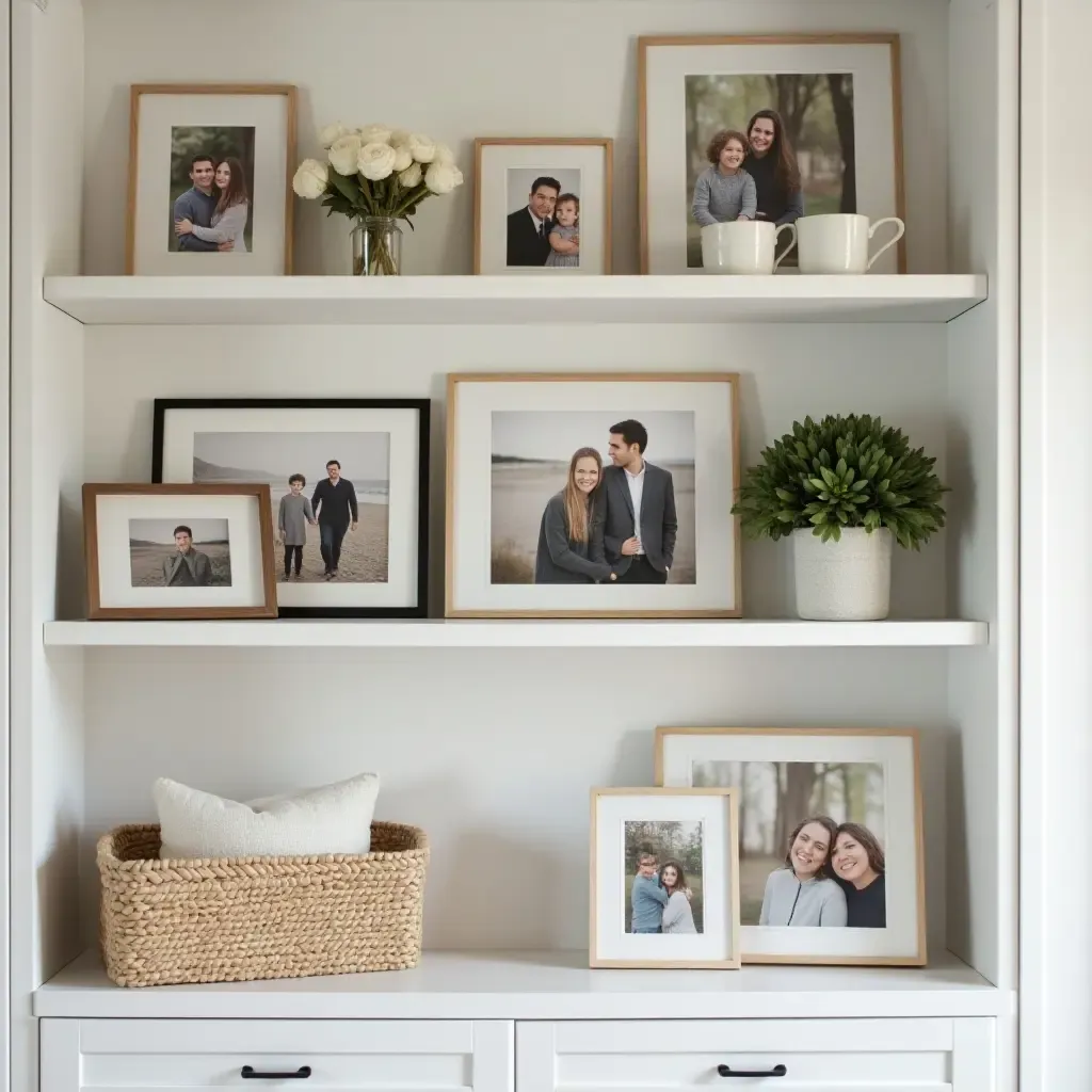 a photo of open shelving styled with family photos and meaningful memorabilia