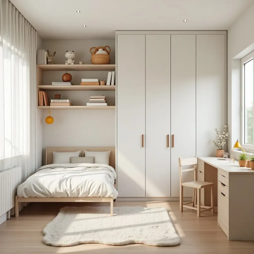 a photo of a bright and minimalist kids&#x27; bedroom with a focus on organization