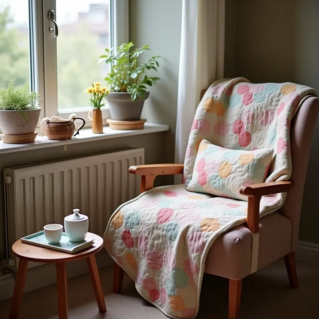 a photo of a reading corner with a patchwork blanket and tea set