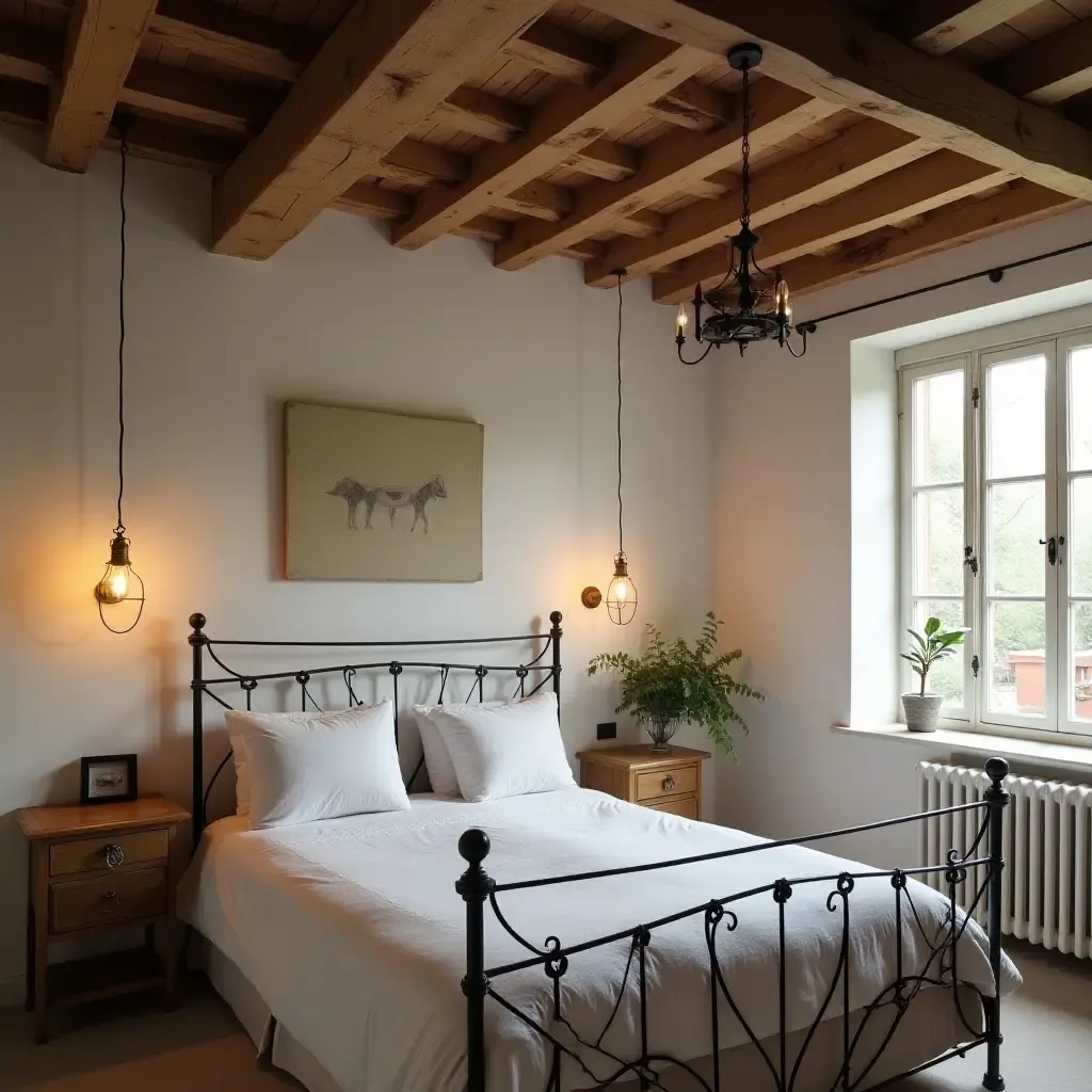 a photo of a bedroom featuring rustic wooden beams and vintage light fixtures