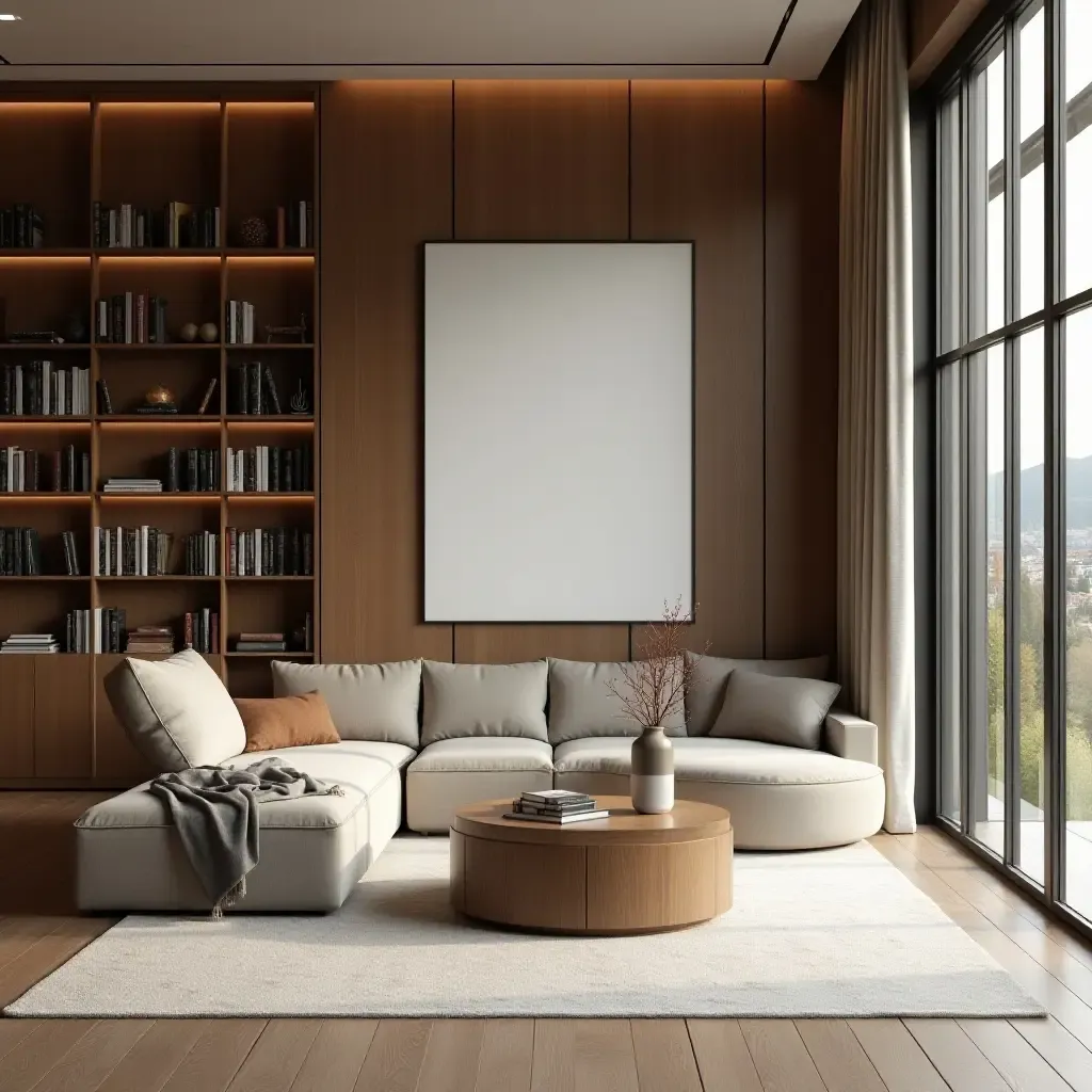 a photo of a modern library with minimalist art and decor