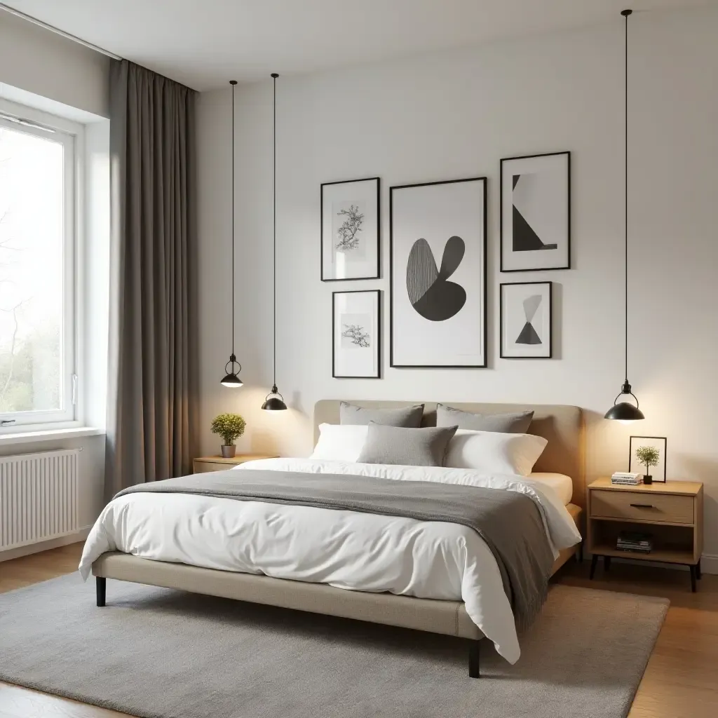 a photo of a chic bedroom with a stylish gallery wall