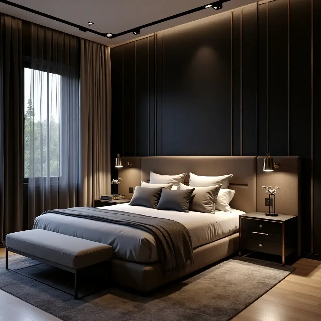 a photo of a sophisticated bedroom featuring dark wallpaper and elegant drapery