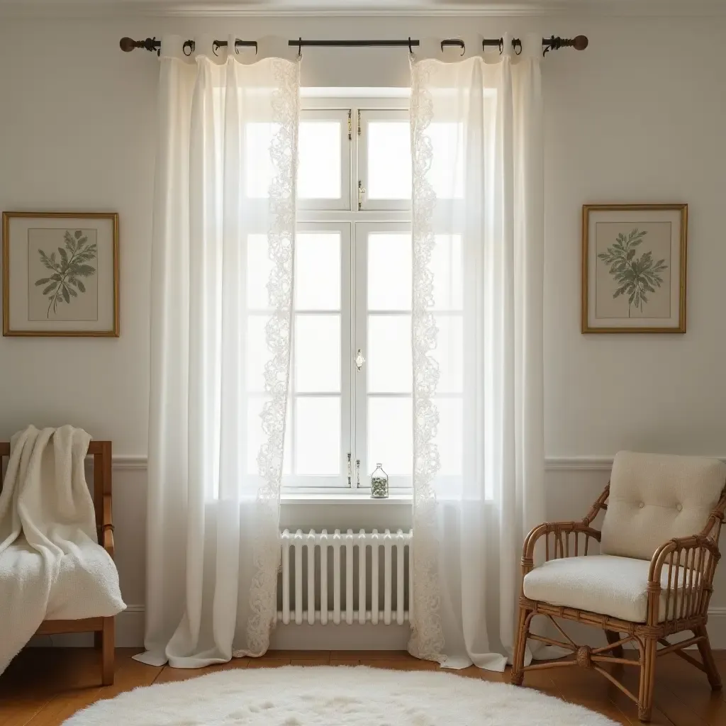 a photo of a nursery adorned with delicate lace curtains and vintage frames