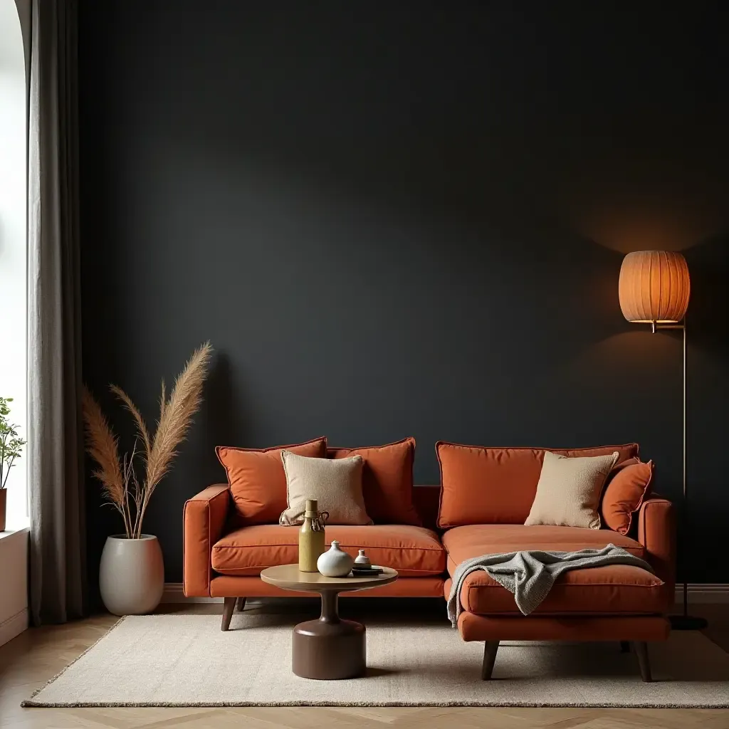 a photo of a dark color palette with pops of bright decor