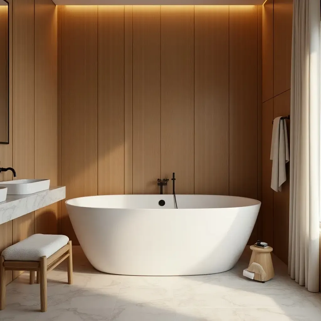 a photo of a bathroom with wooden paneling and a large soaking tub