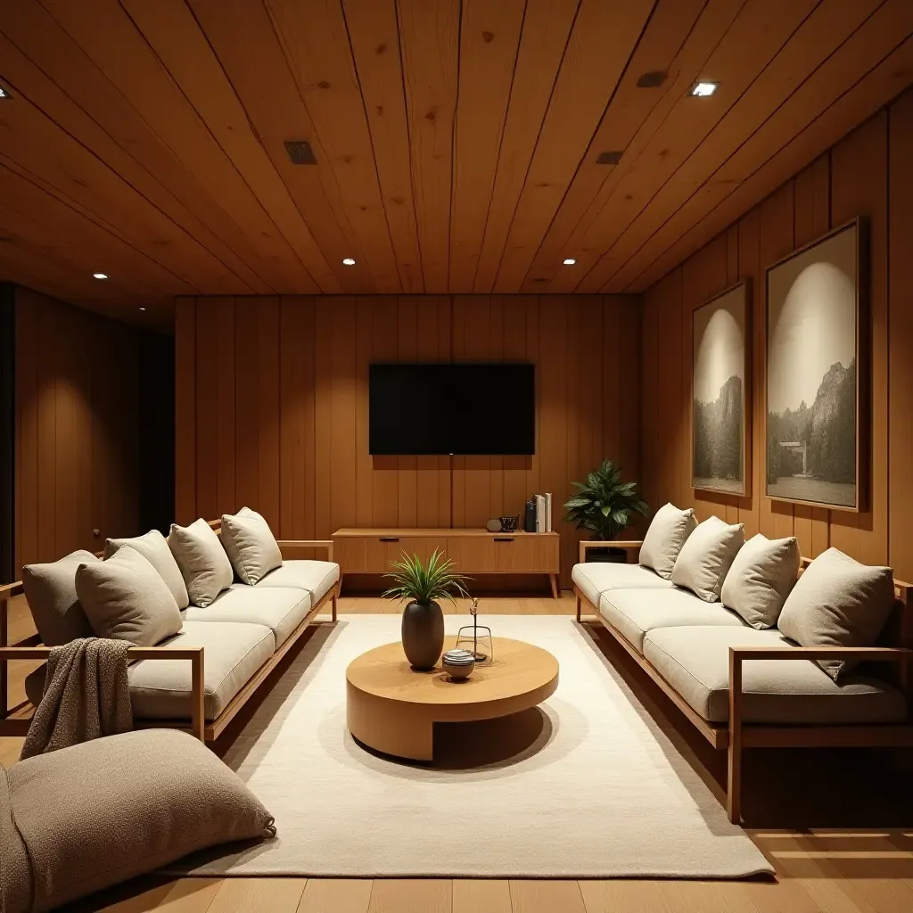 a photo of a basement with wooden ceiling and cozy seating