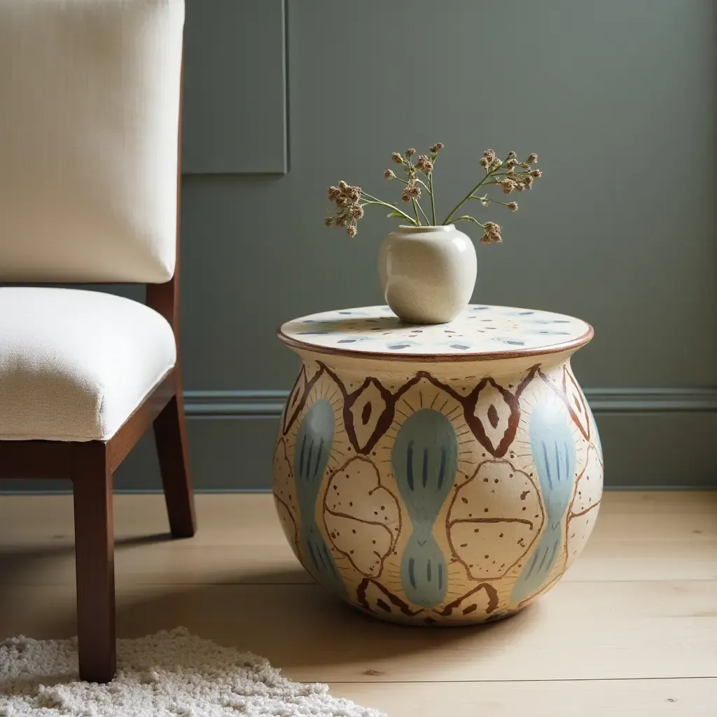 a photo of a unique, hand-painted ceramic side table next to a chair