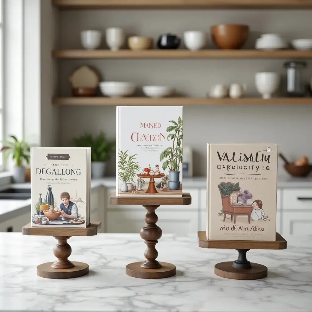 a photo of a countertop with a stylish cookbook display and decorative stands