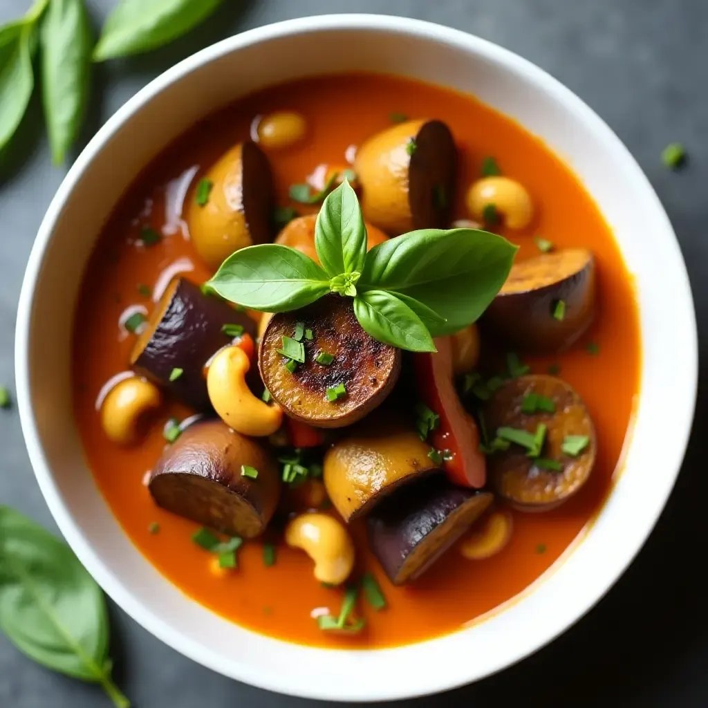 a photo of a hearty Thai red curry with roasted eggplant and cashews, sprinkled with Thai basil.