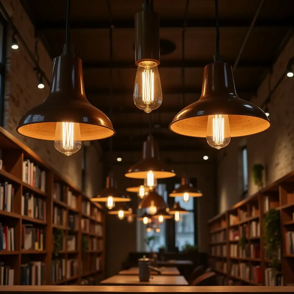 a photo of a library with retro pendant lighting adding character