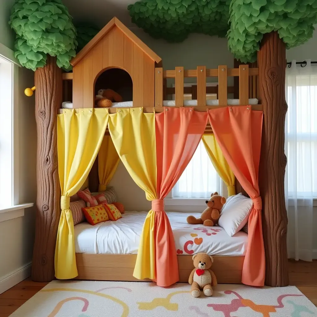 a photo of a whimsical treehouse bed with colorful curtains and plush toys