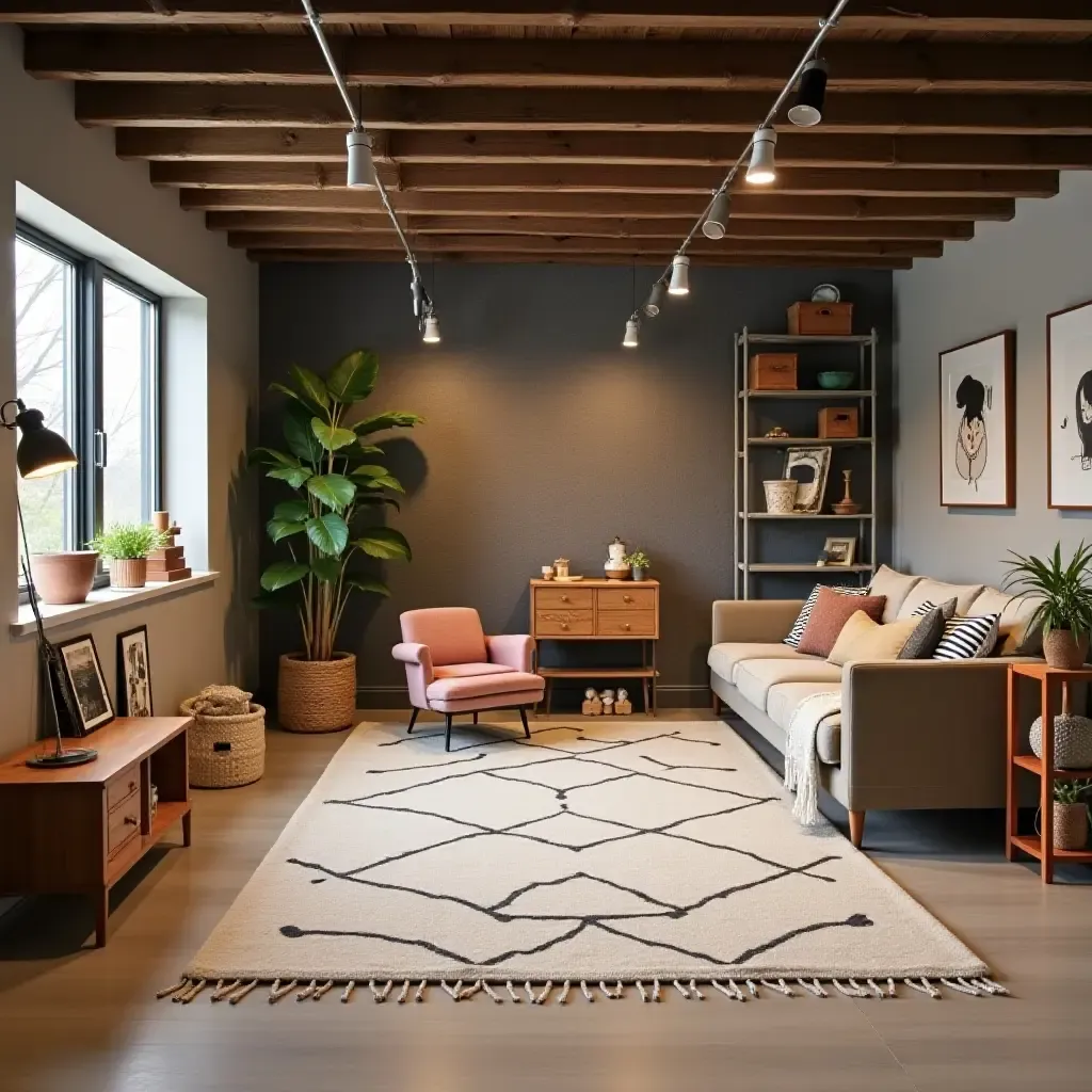 a photo of a basement playroom with industrial-style toys and furniture