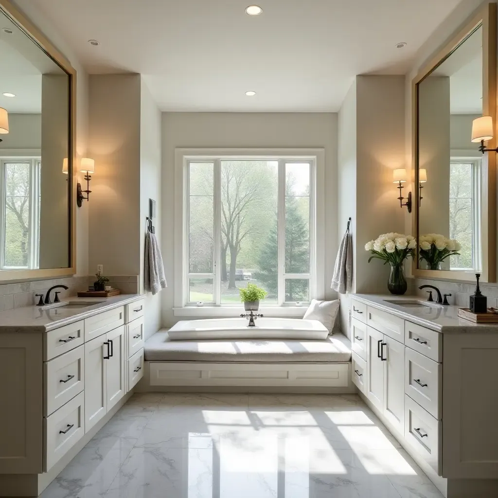 a photo of a spacious master bathroom with his-and-hers sinks and a seating area