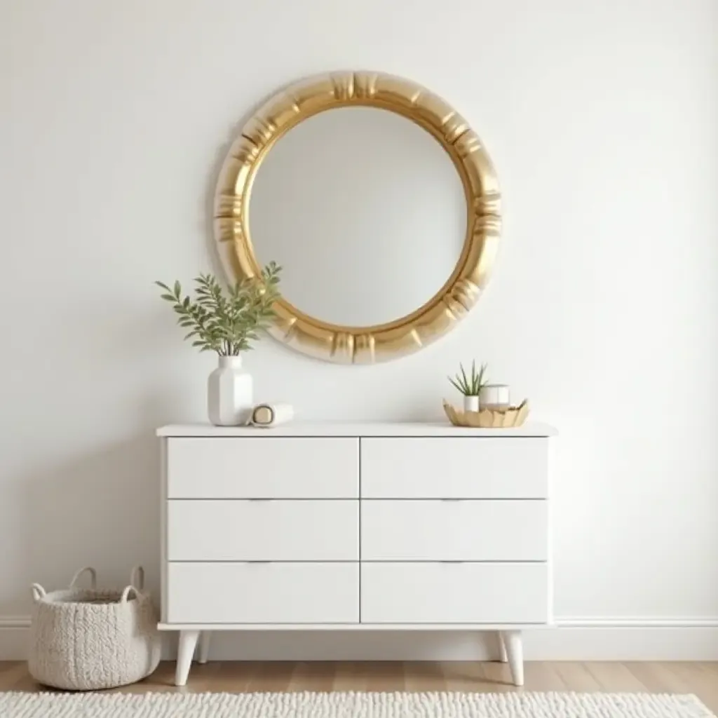 a photo of a nursery featuring a metallic gold mirror above the dresser