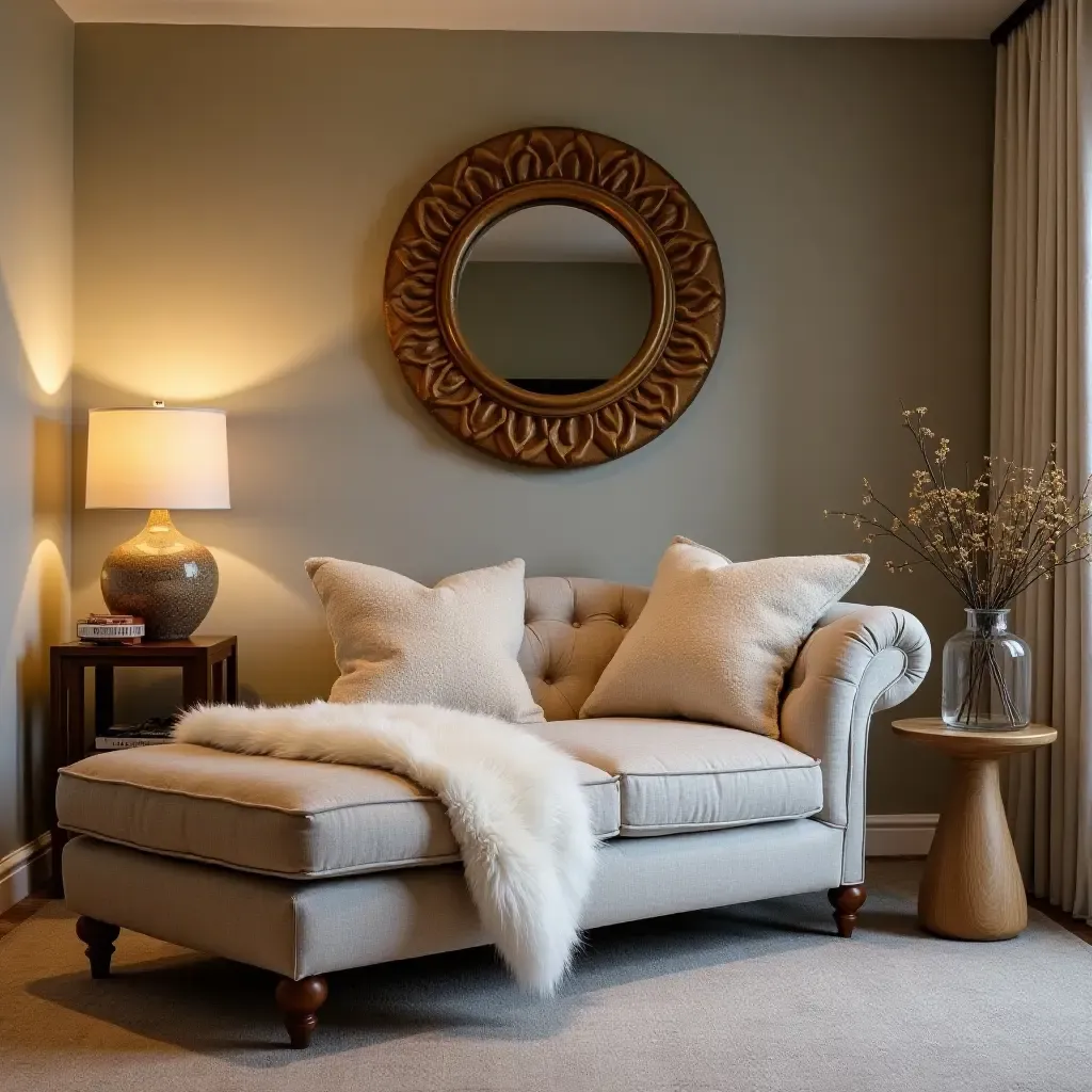 a photo of a basement relaxation zone with fluffy throw pillows on a chaise lounge