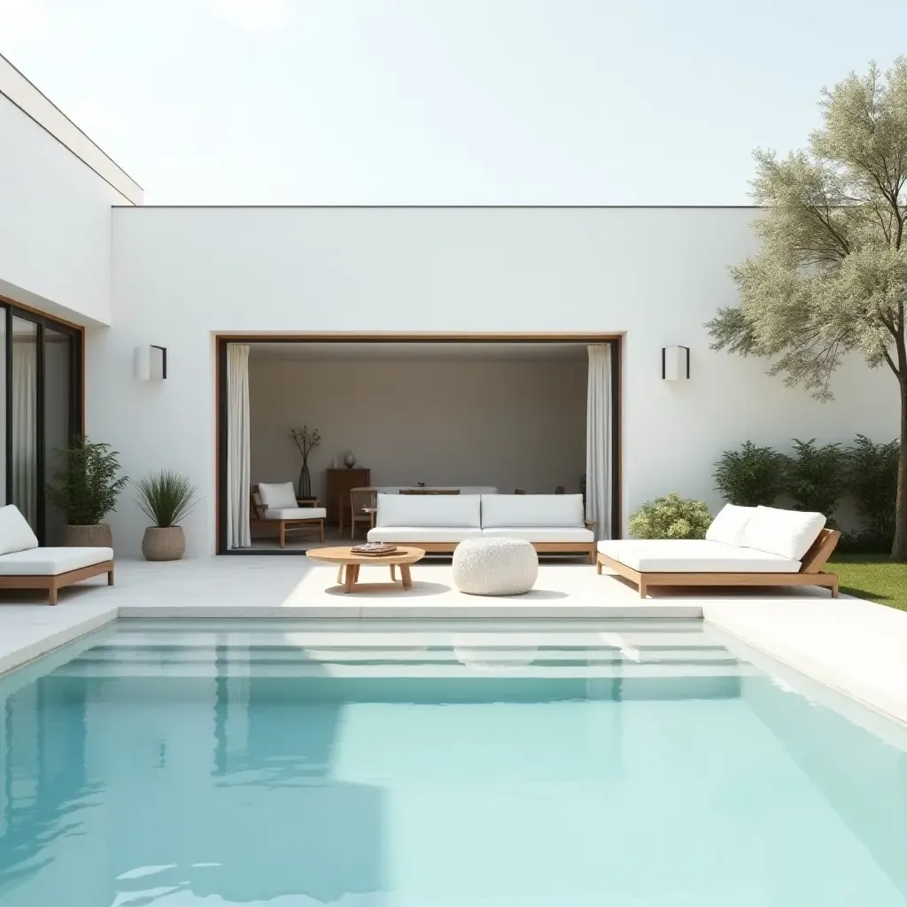 a photo of a minimalist Scandinavian poolside with white furniture and natural wood accents