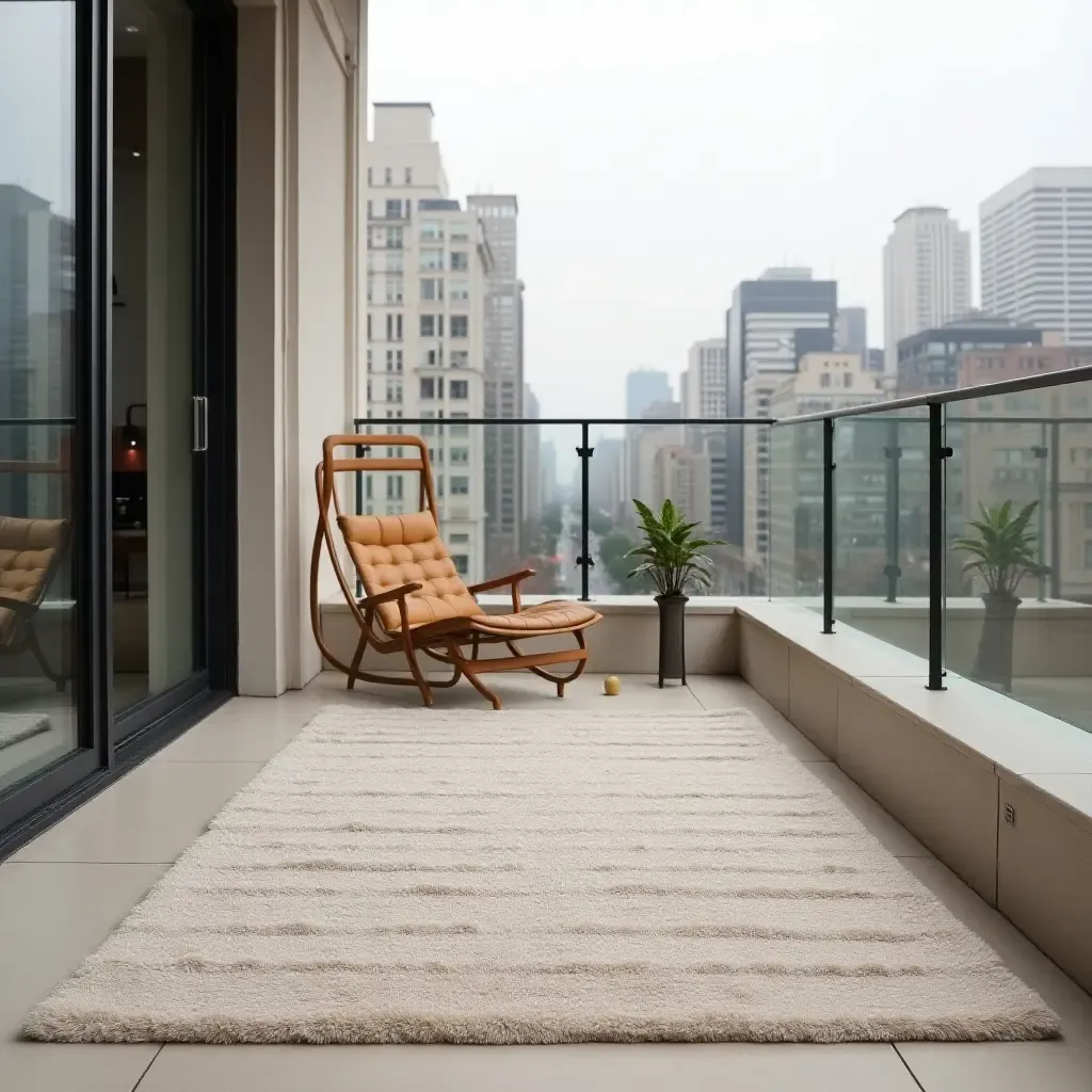 a photo of a minimalist rug in neutral tones on a city balcony