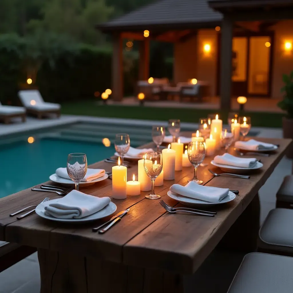 a photo of a poolside dining area with a rustic wooden table and candles