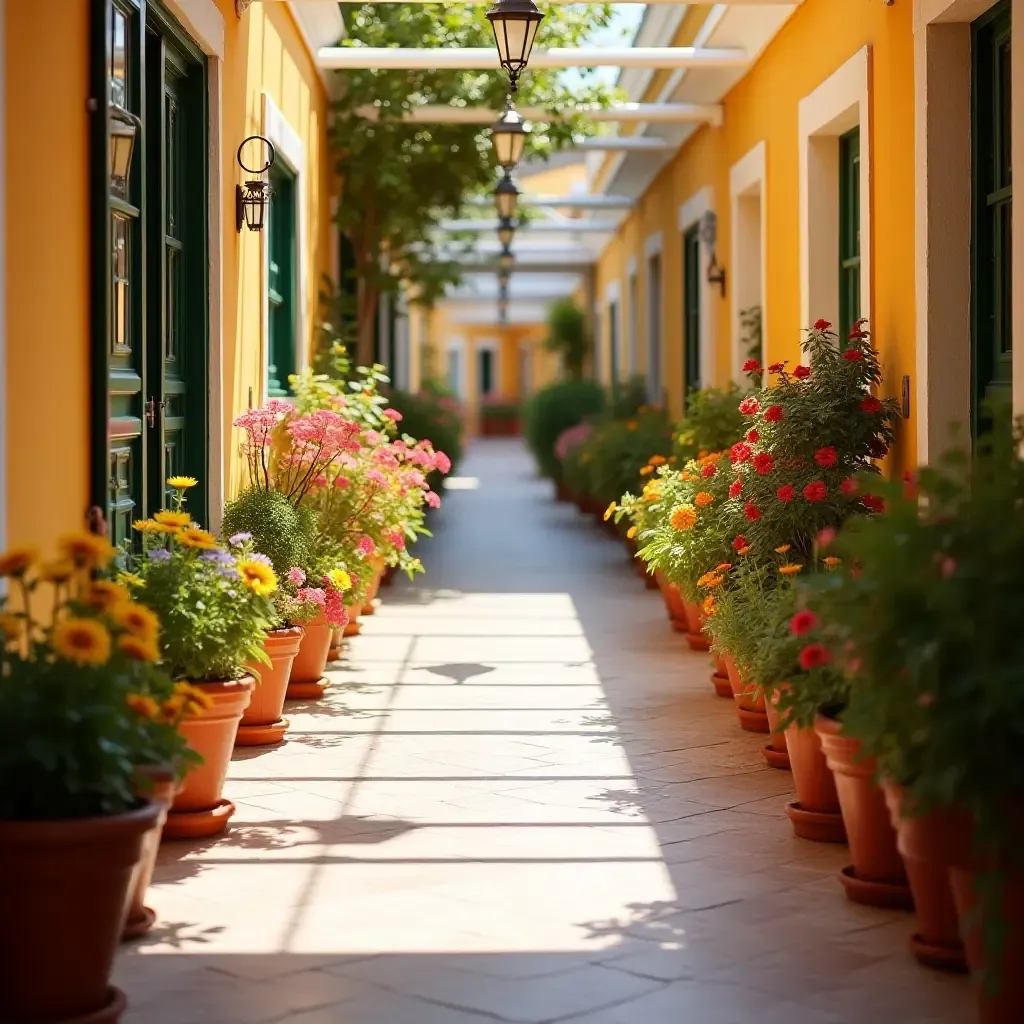 a photo of a bright corridor filled with colorful flower pots