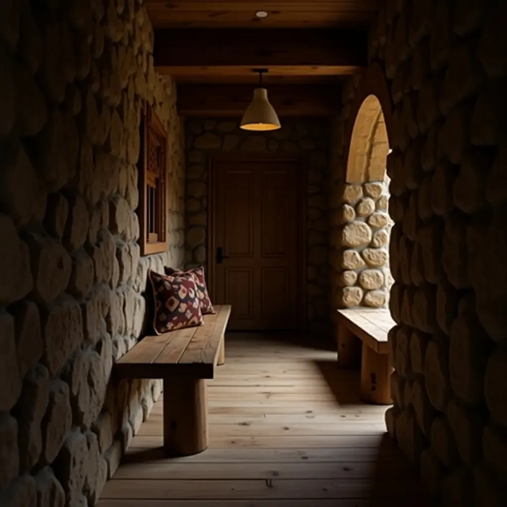 a photo of a rustic corridor with a log bench and nature accents