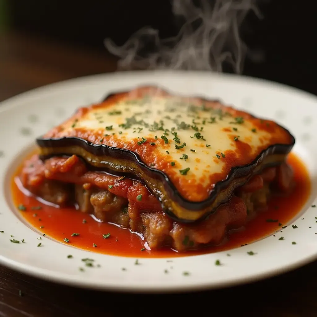 a photo of a steaming plate of moussaka, a layered eggplant and meat dish, from Epirus.