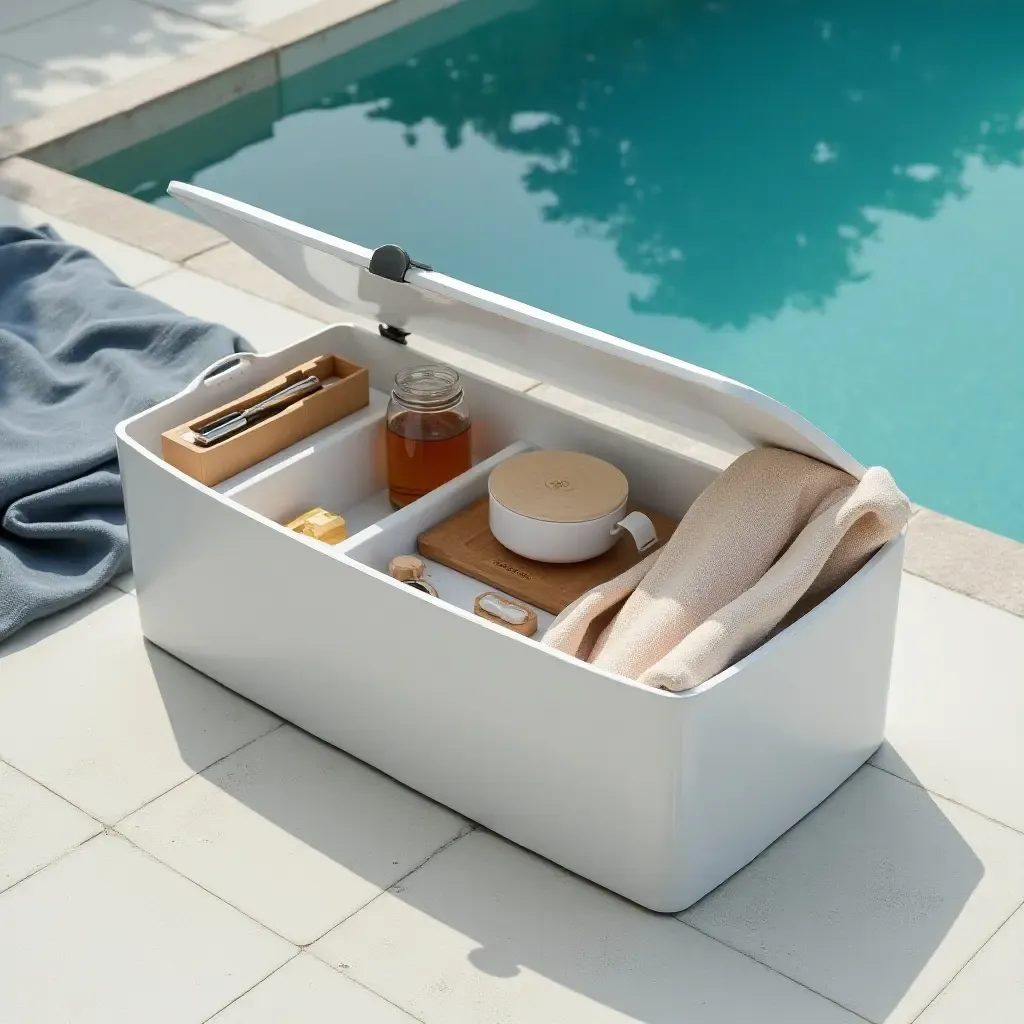 a photo of a sleek storage solution for poolside essentials