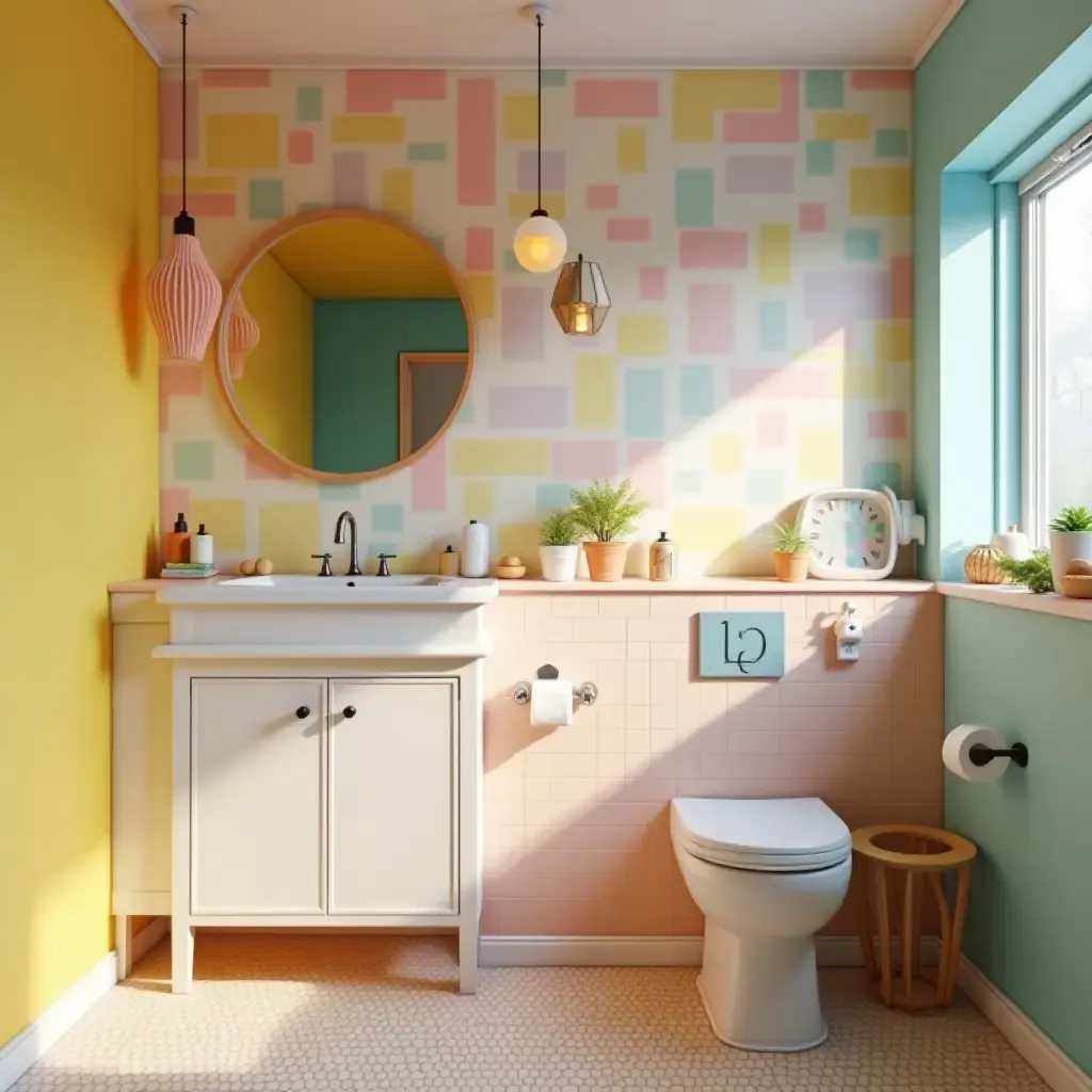 a photo of a playful children&#x27;s bathroom featuring fun pendant lights and bright colors