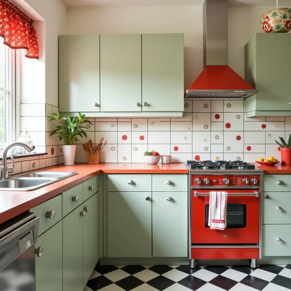 a photo of a vintage-inspired patterned tile backsplash in a retro diner-style kitchen