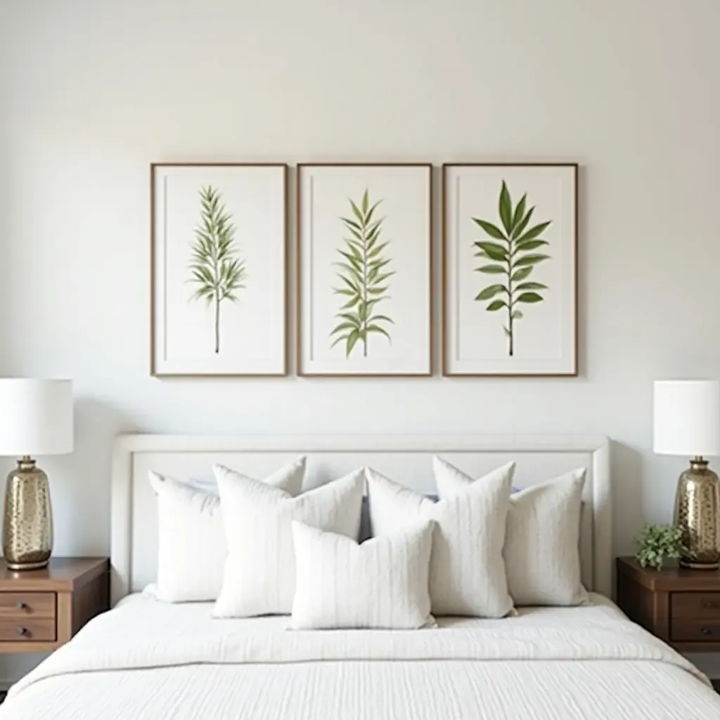 a photo of framed botanical prints arranged above a bed