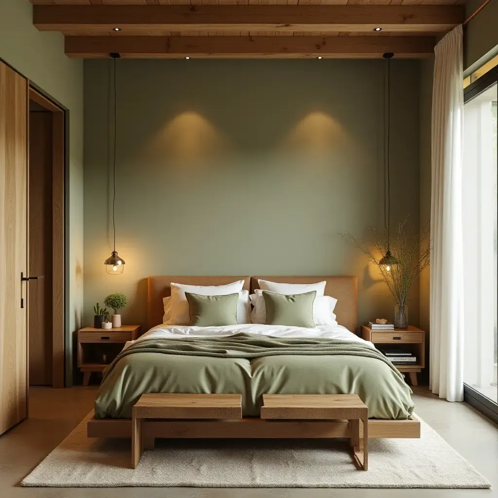 a photo of a Mediterranean-inspired bedroom with olive green accents and natural wood