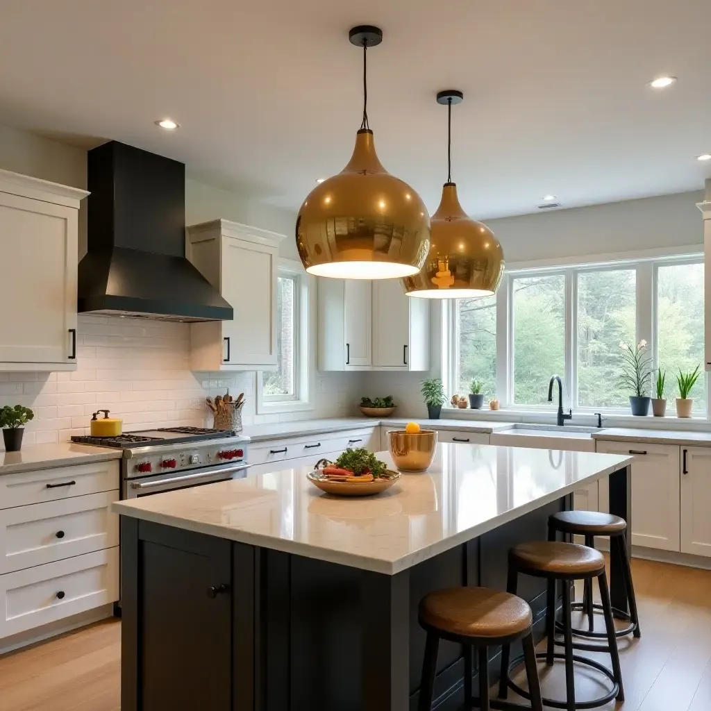 a photo of oversized pendant lights in a spacious kitchen