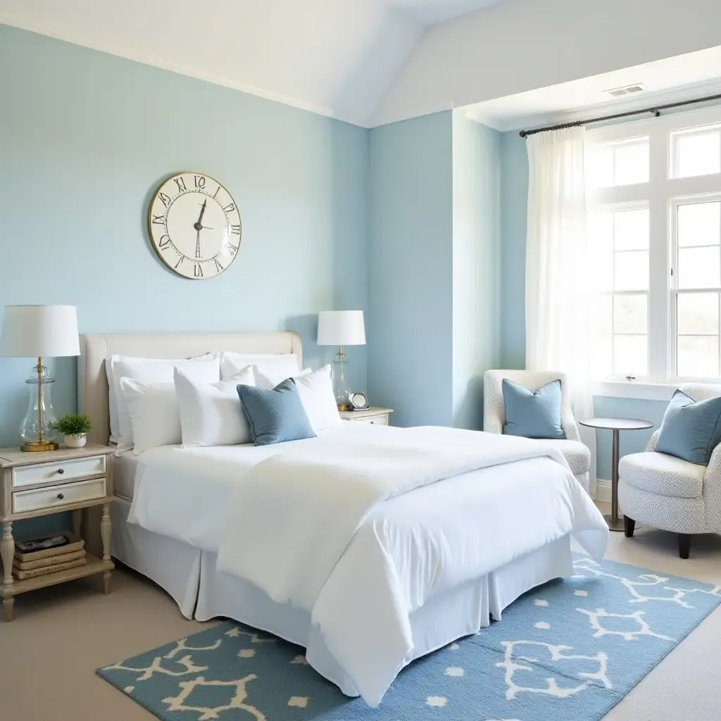 a photo of a calming blue and white nautical-themed bedroom