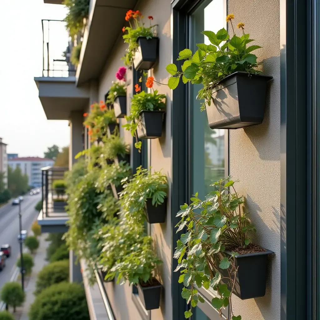 a photo of a balcony wall with vertical planters and bird feeders