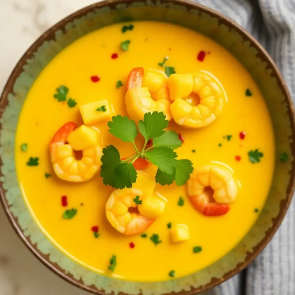 a photo of a vibrant Thai yellow curry with pineapple and shrimp, garnished with cilantro.