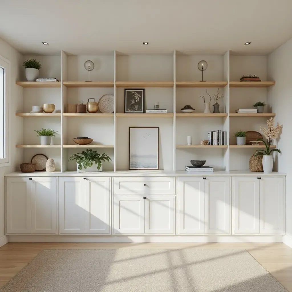 a photo of a bright basement with open shelving and decor