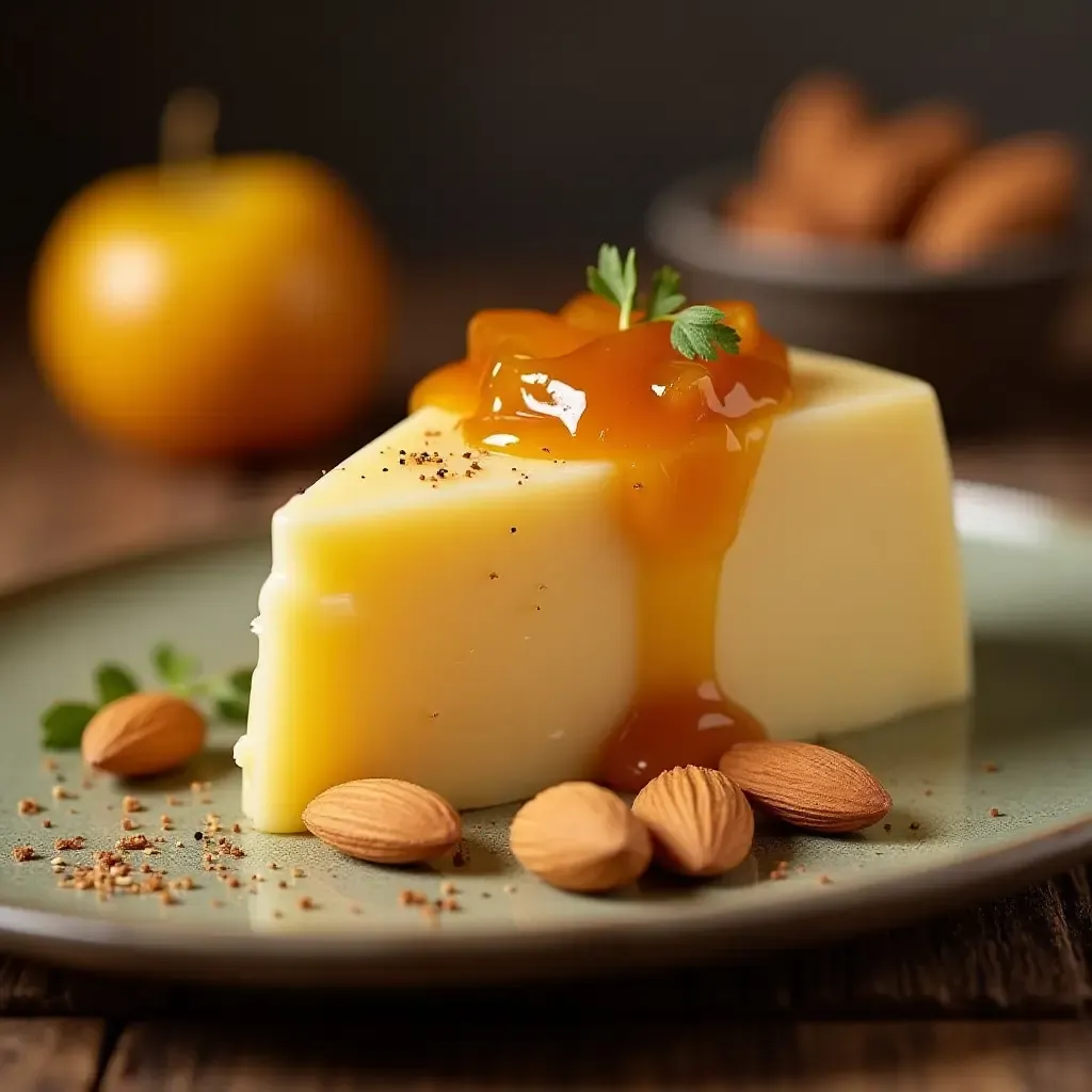 a photo of manchego cheese with quince paste and almonds on a ceramic dish.