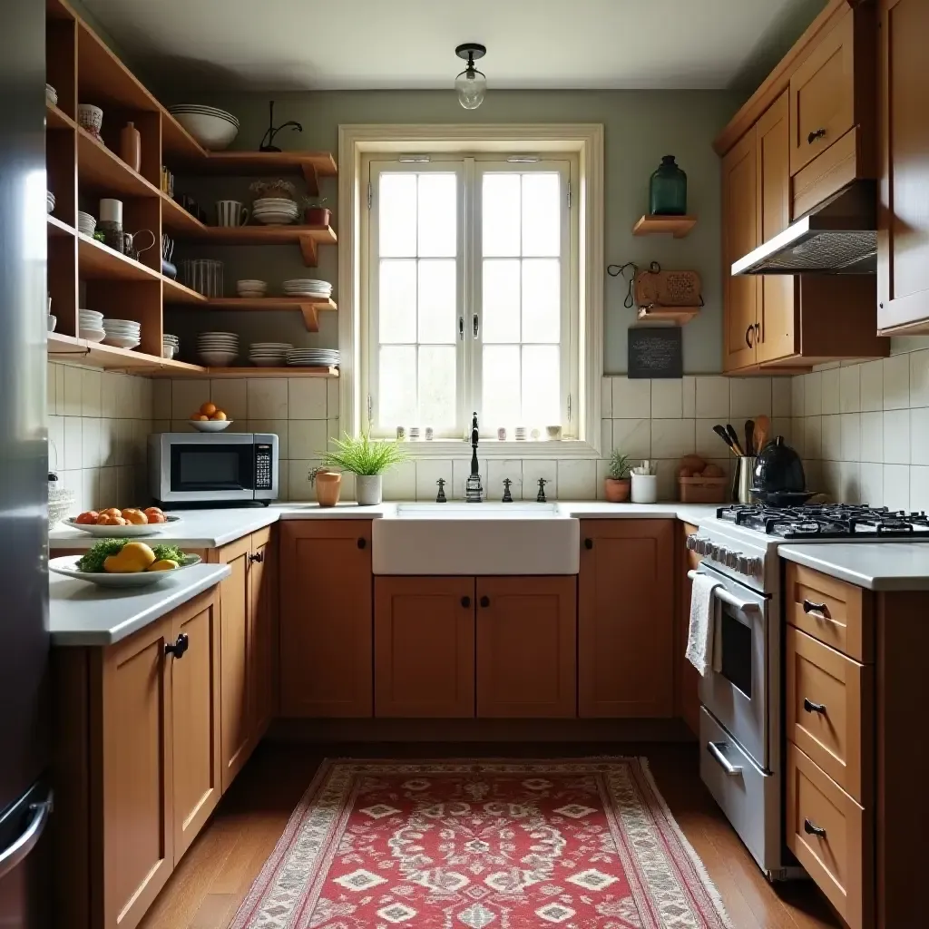 a photo of a small kitchen featuring a vintage rug