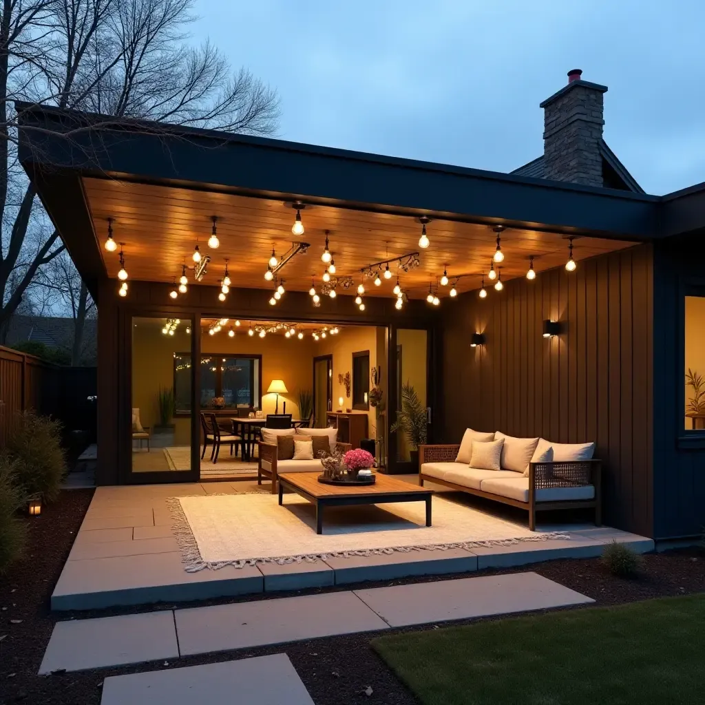 a photo of a modern detached covered patio with cozy seating and string lights