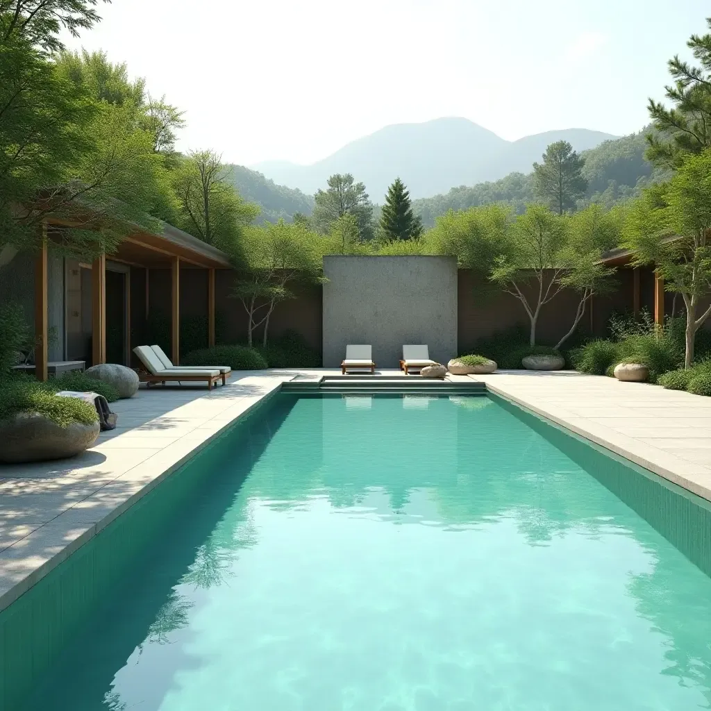 a photo of a serene zen garden surrounding a tranquil pool area